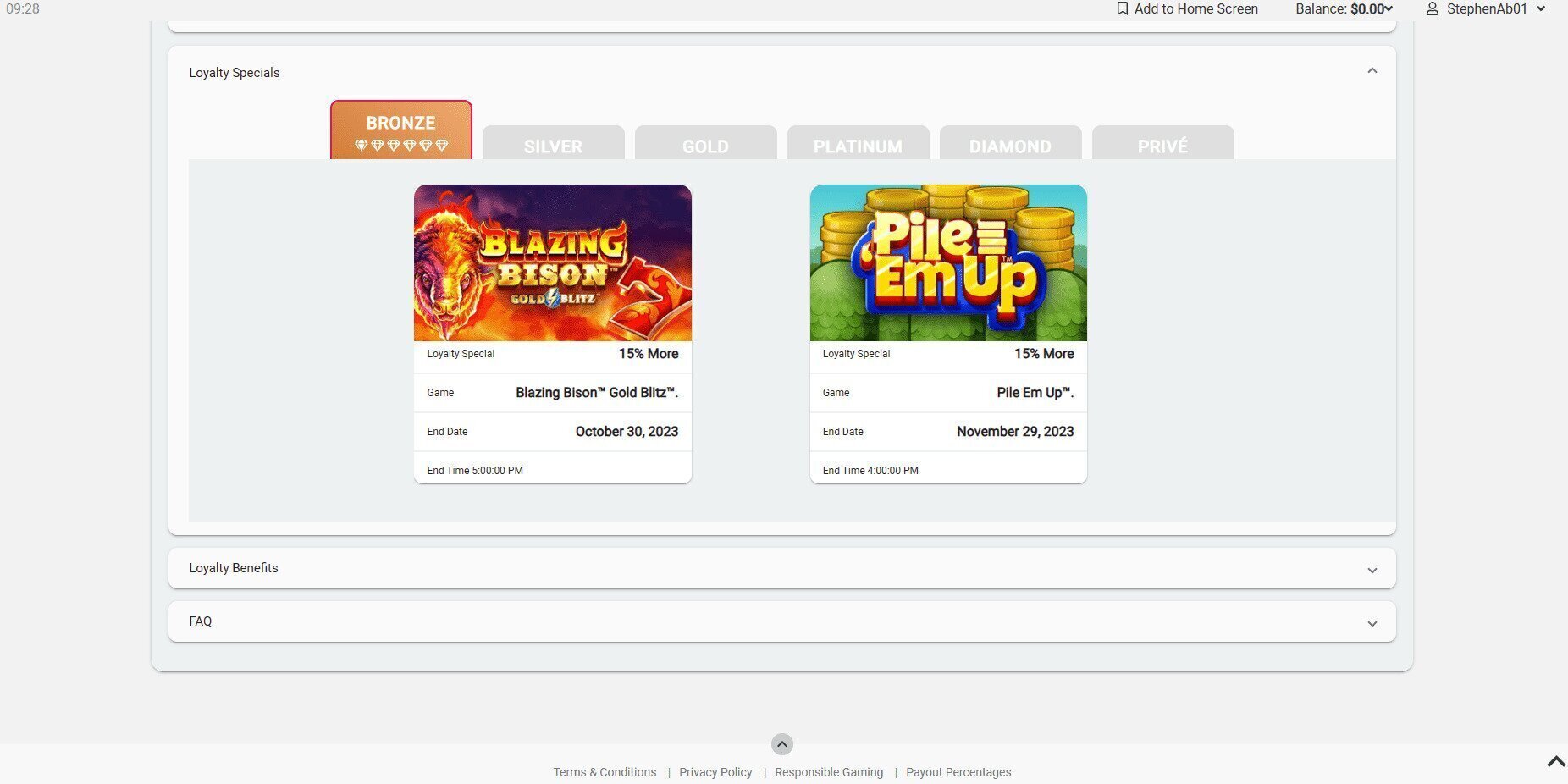 Spin Casino Loyalty Program with Blazing BIson and Pine em up logos