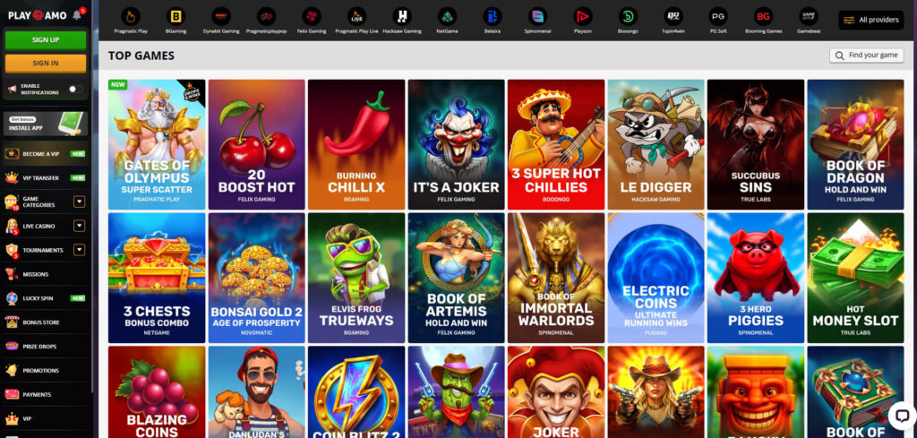 PlayAmo-game-library-displaying-top-games