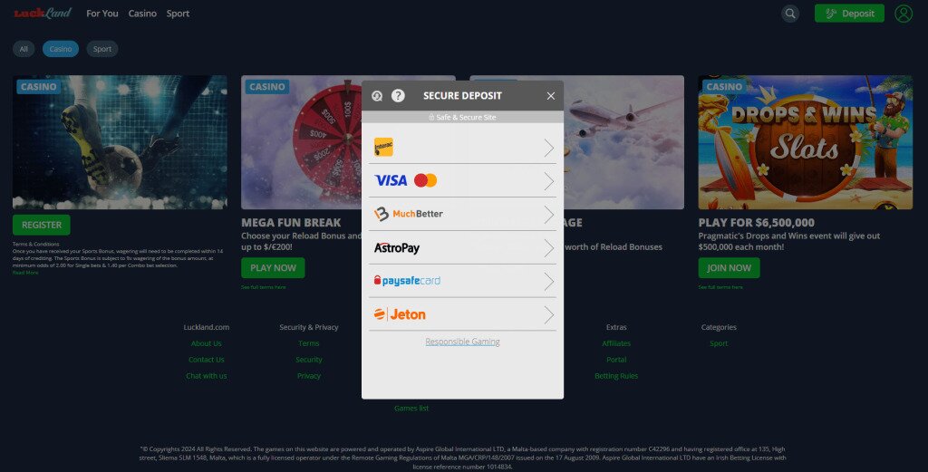 LuckLand Payment methods