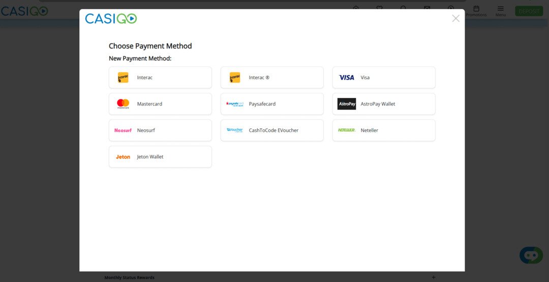 CasiGO Casino Deposit Methods