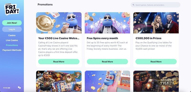 Casino Friday Website Promos page