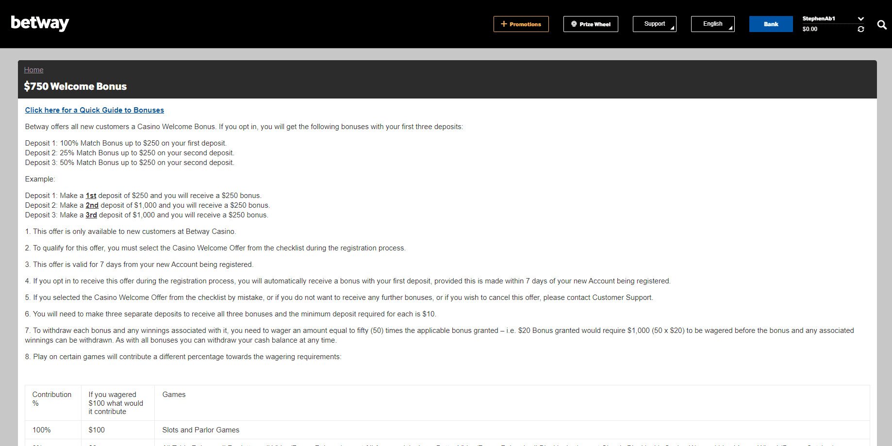 Betway Casino Bonus Page