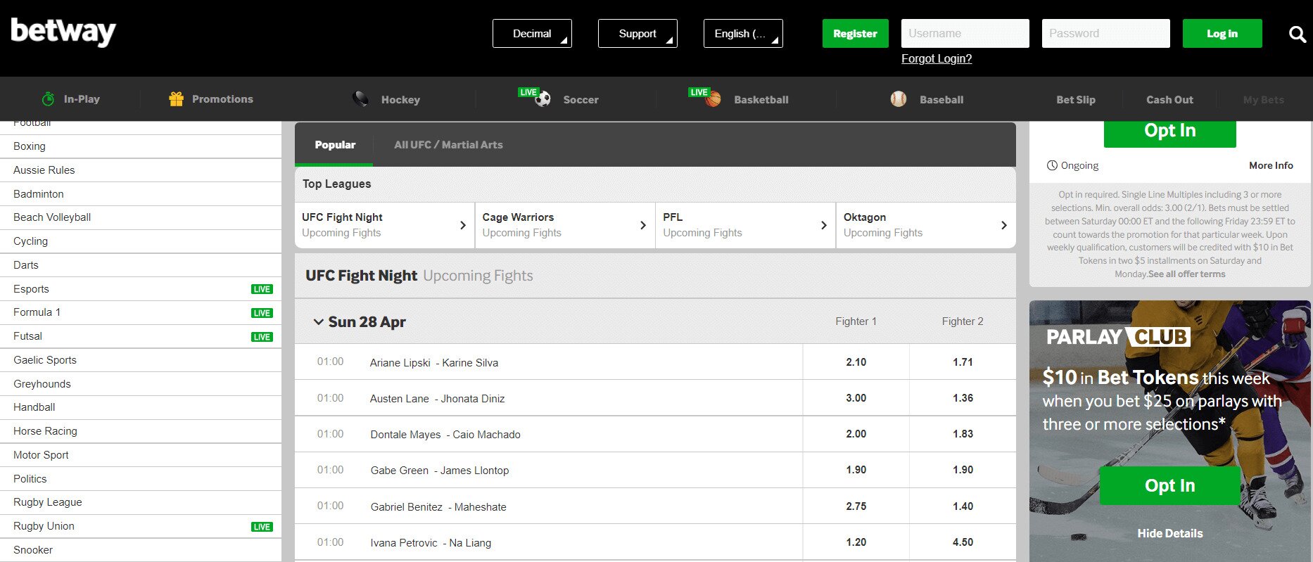 Betway casino sportsbook with MMA and UFC odds