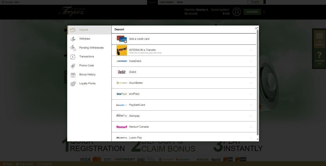 Casino Tropez Payment Methods
