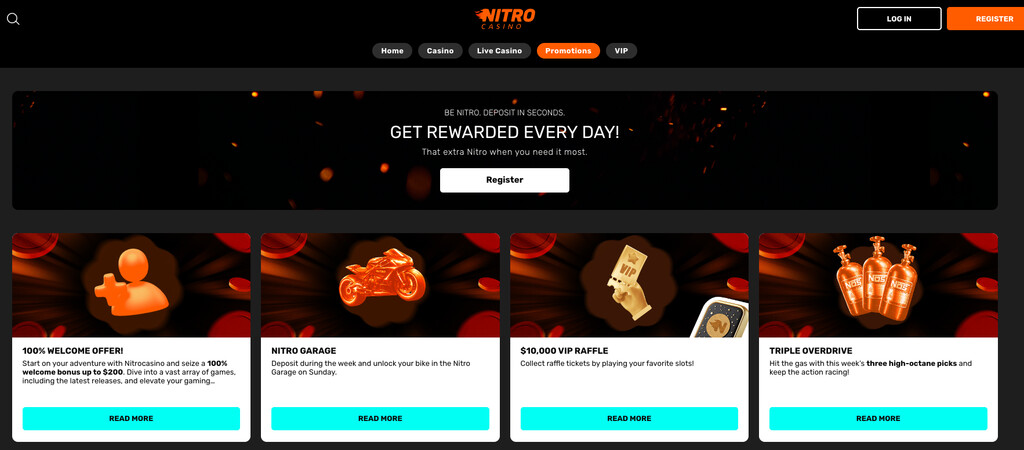 Nitro casino promotional page showing various bonuses