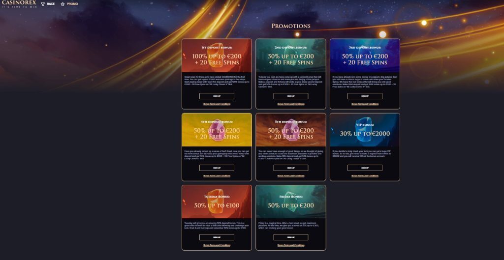 Casinorex Bonuses Page