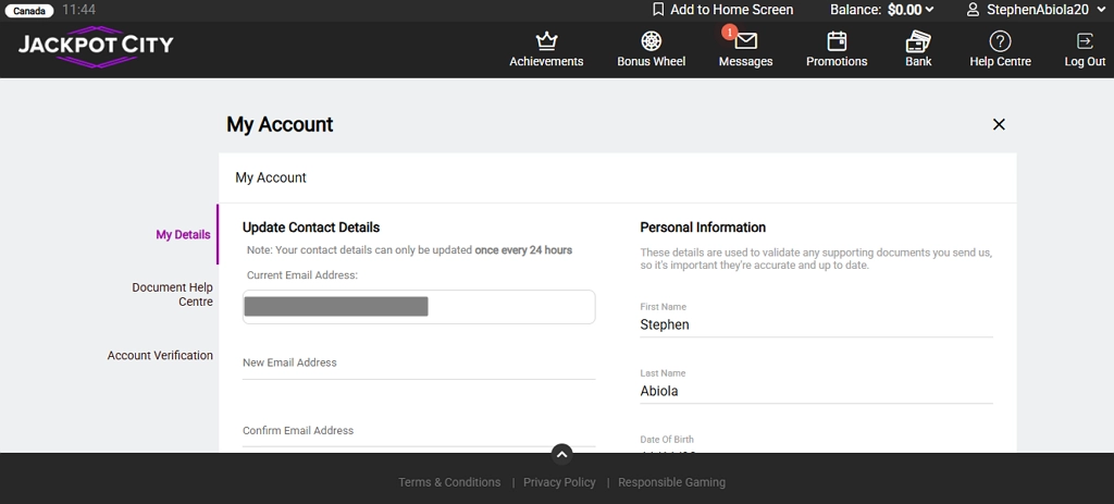 JackpotCity Casino registered test account page showing user profile and contact details