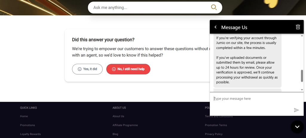 JackpotCity Casino messaging interface showing verification and document review timeframes