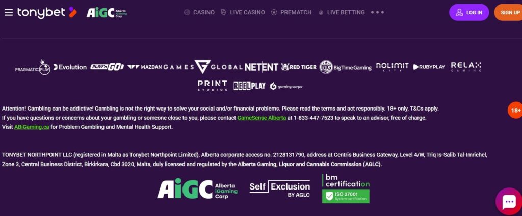 AIGC license for TonyBet Casino in Alberta