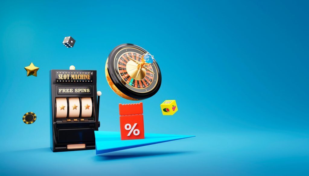 Graphic with slot machine, roulette wheel and dice