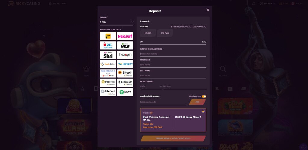 Rickycasino deposit methods