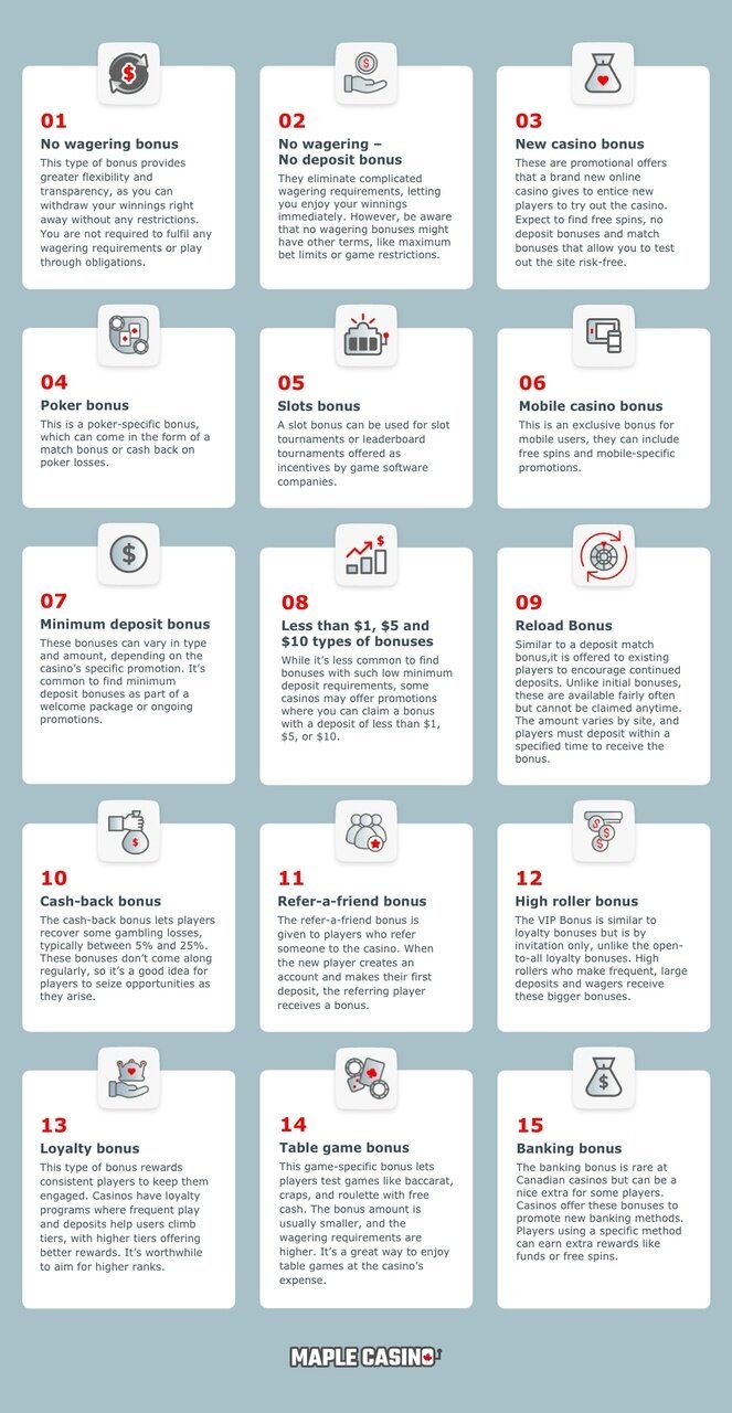 Various casino bonuses highlighted in an infographic format, which covers a total of 15 bonuses.