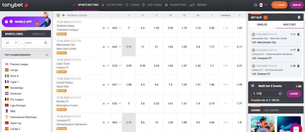 Tonybet Casino Soccer Betting