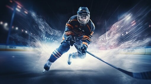 An image of a hockey player on ice with a frosty backdrop.