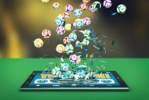 3D Bingo balls exploding from iPad screen on a green casino table
