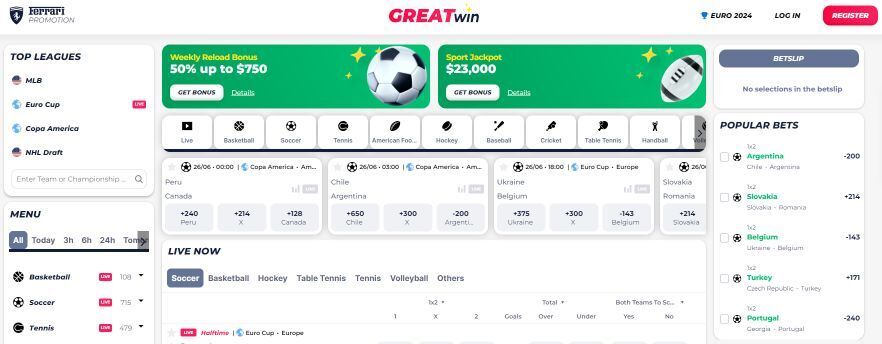 A picture of GreatWin Casino sports lobby.