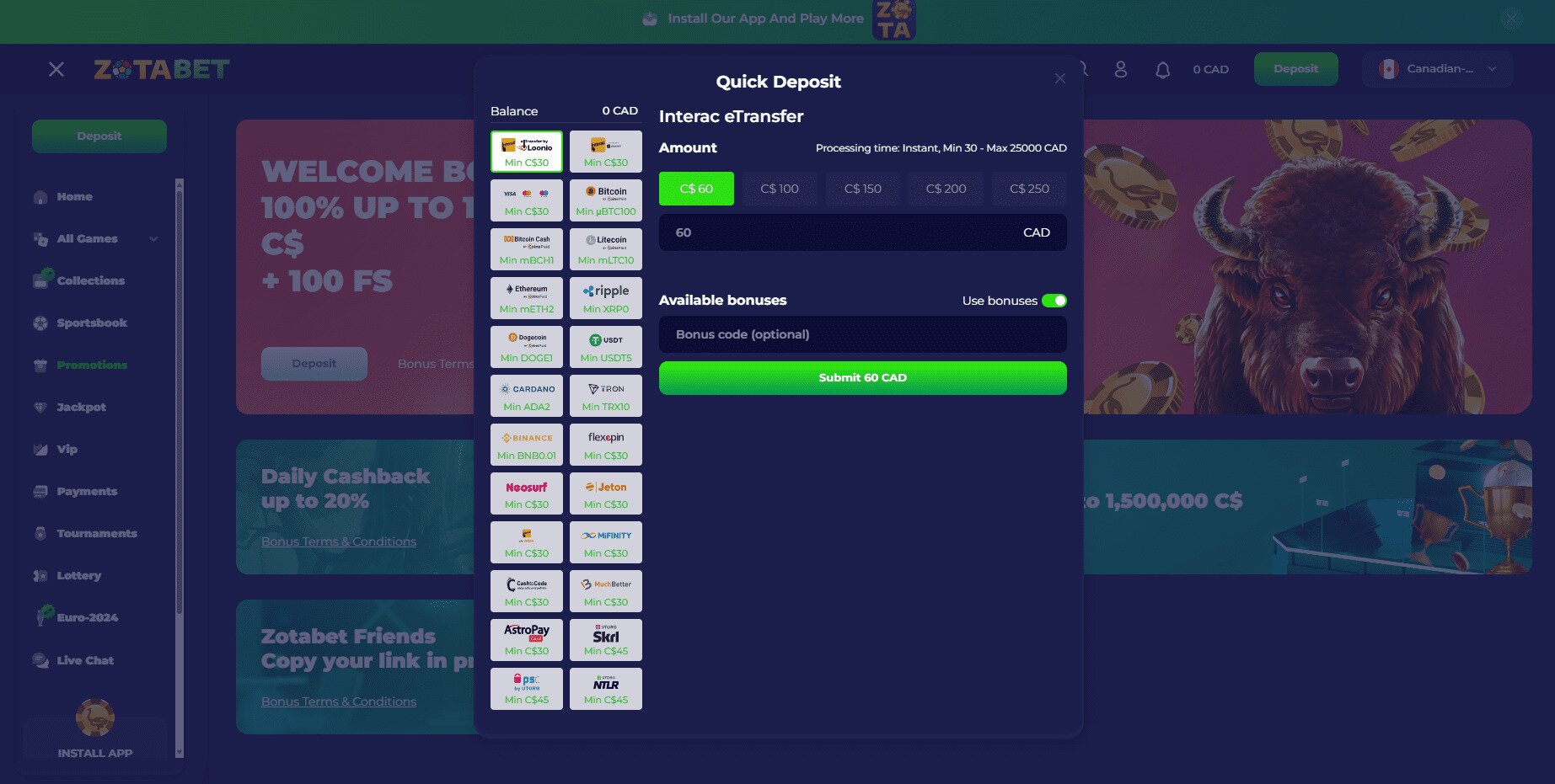 ZotaBet Casino Payment methods