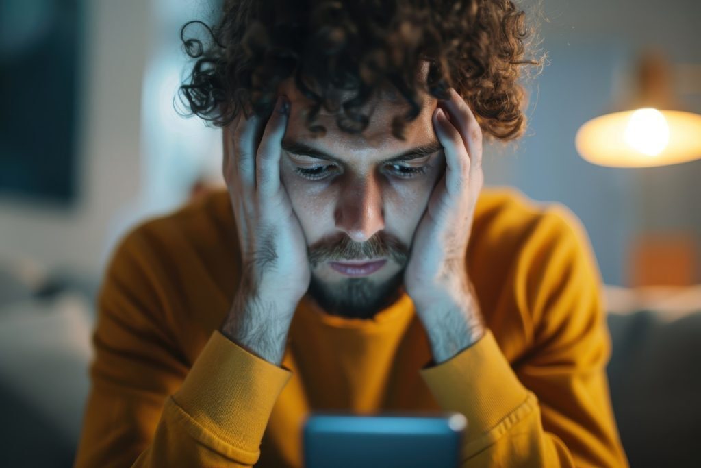 Guy with head in hands looking at phone