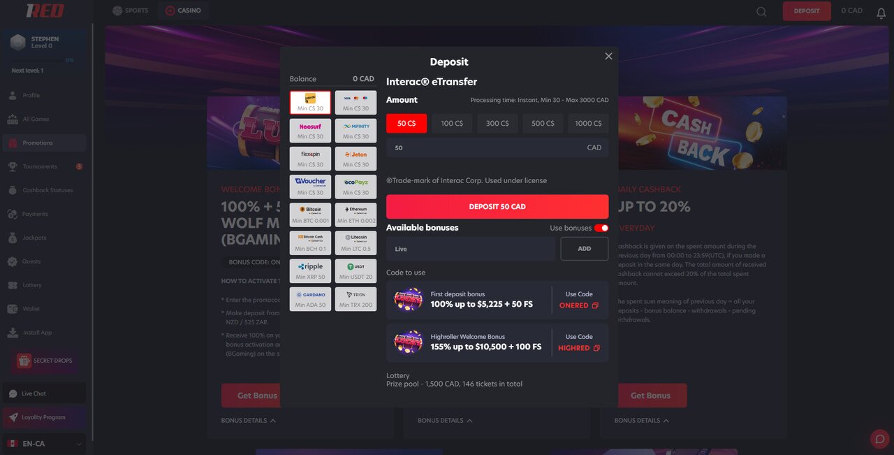 1Red Casino Payment options