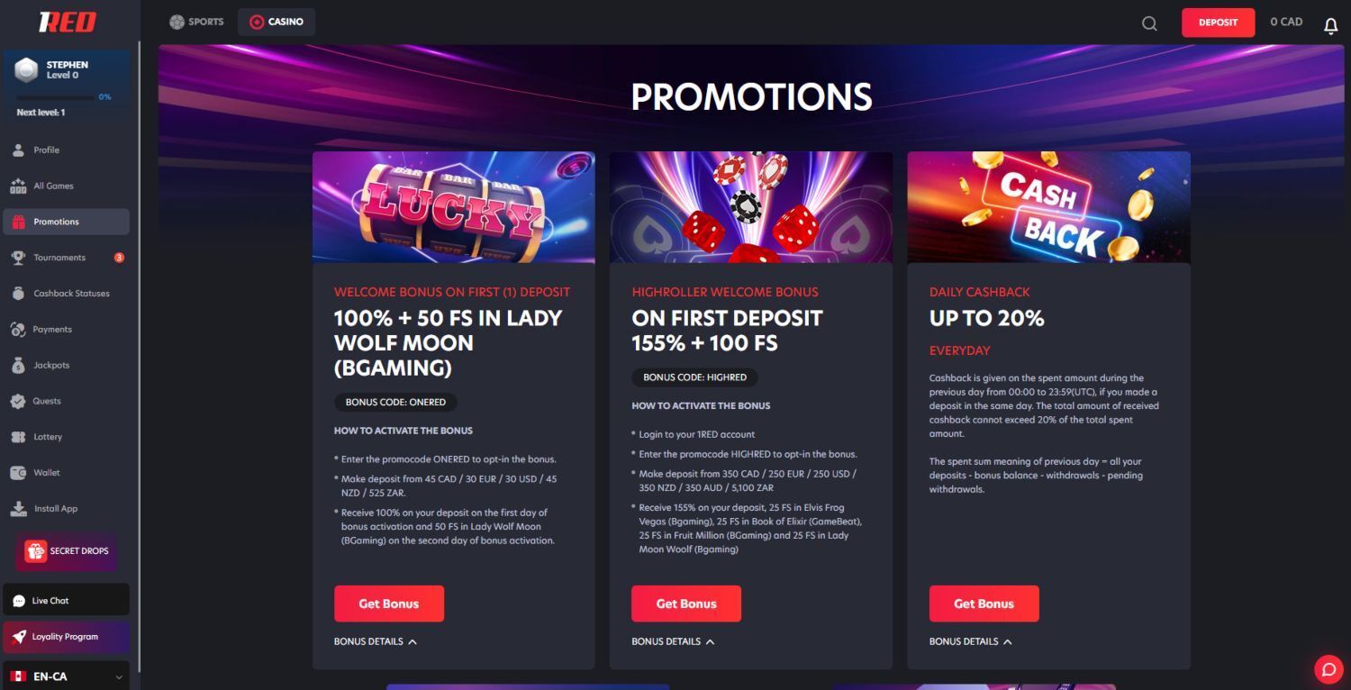 1Red Casino Promotions page