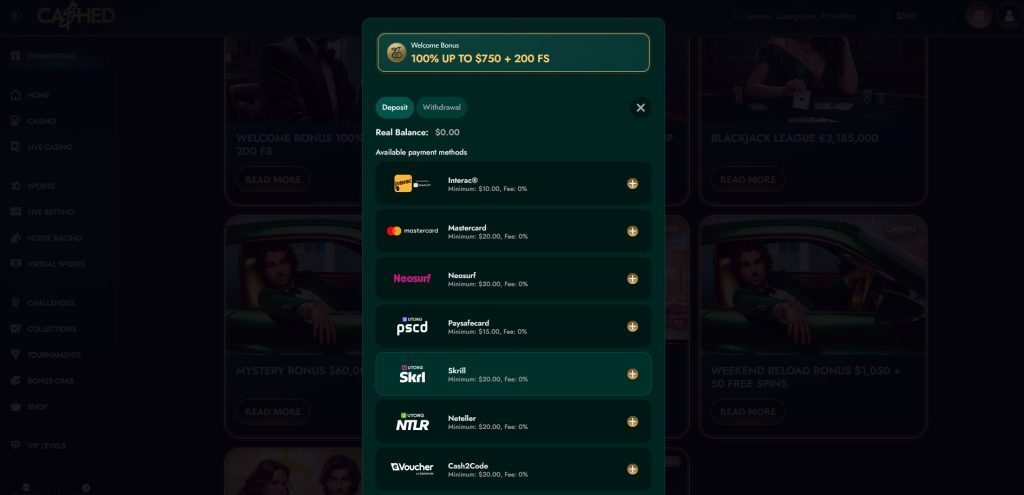 Cashed Casino Payment methods