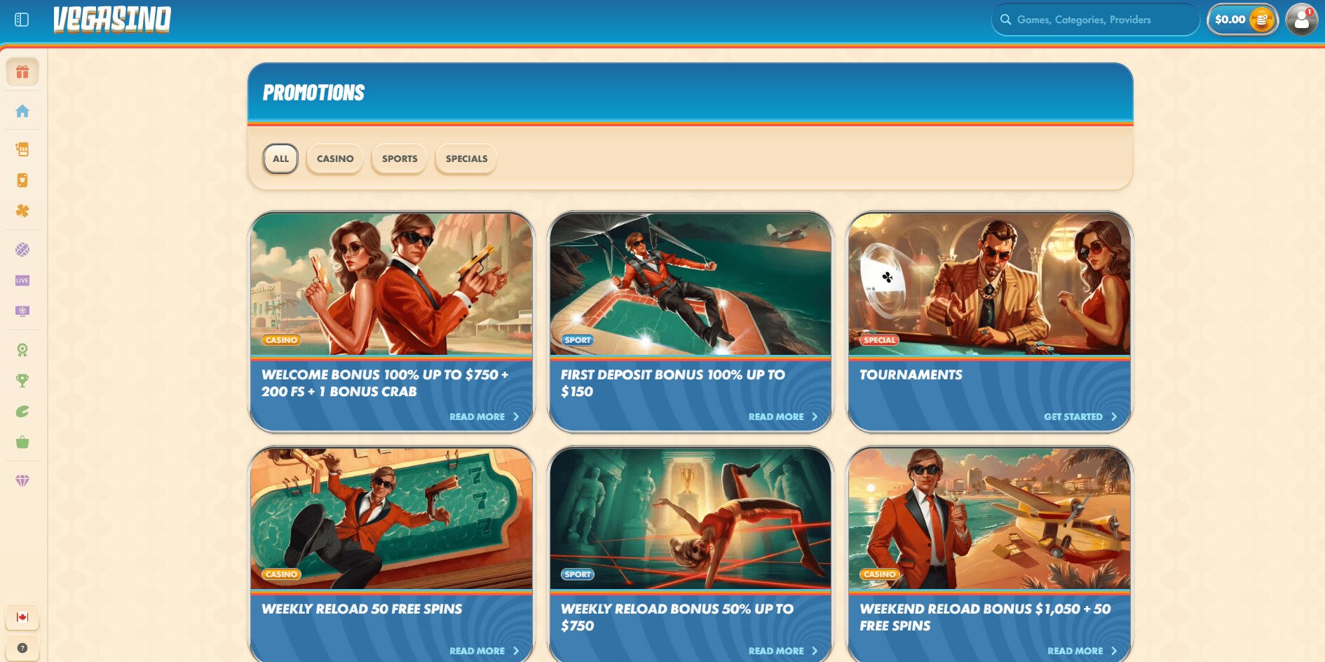 Vegasino available Bonuses