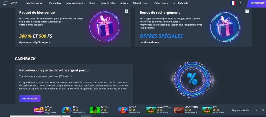 jet casino FR page bonus 