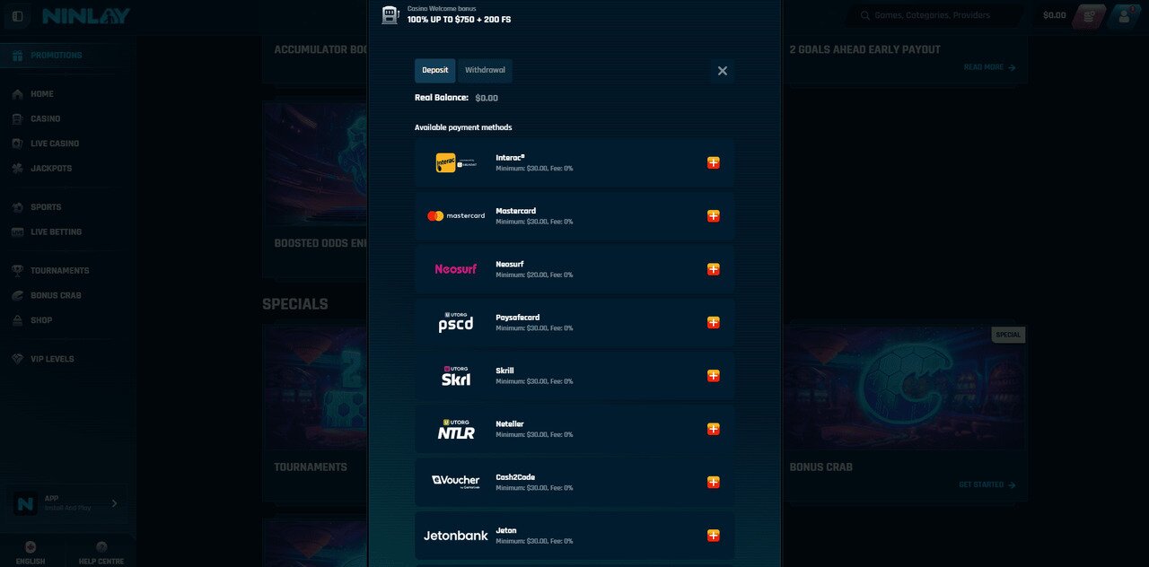 Ninlay Casino deposit methods