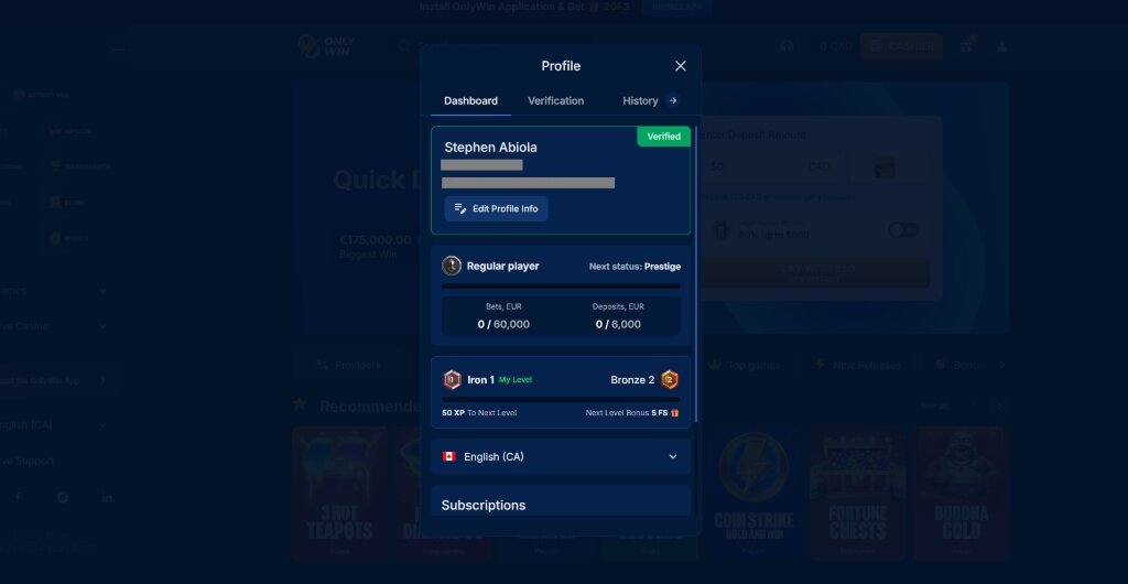 OnlyWin Casino user profile