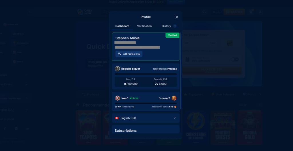 OnlyWin-casino-screenshot of registraion