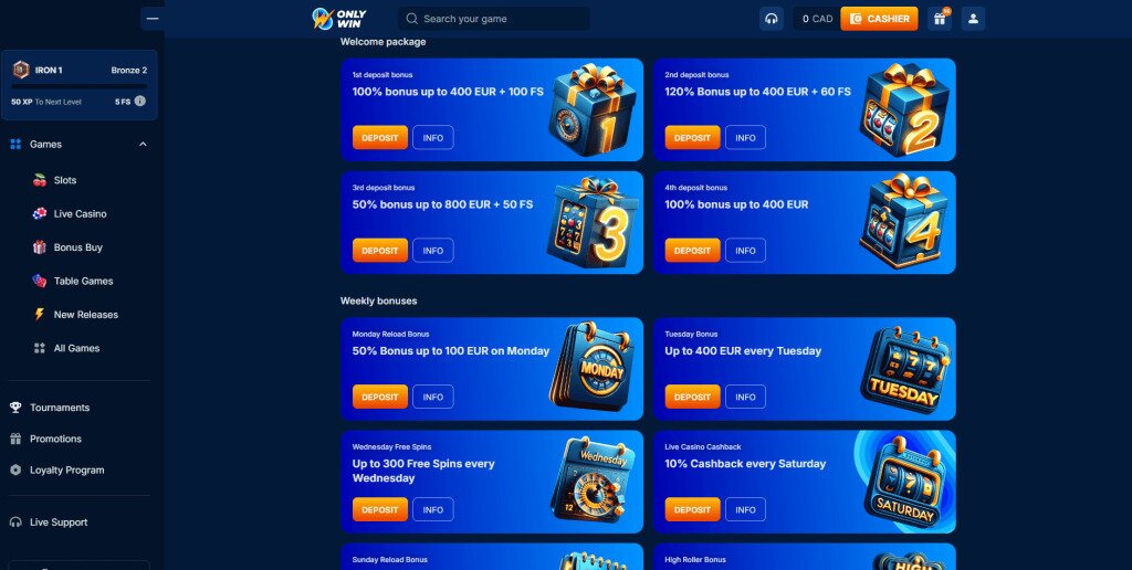 OnlyWin Casino Bonuses
