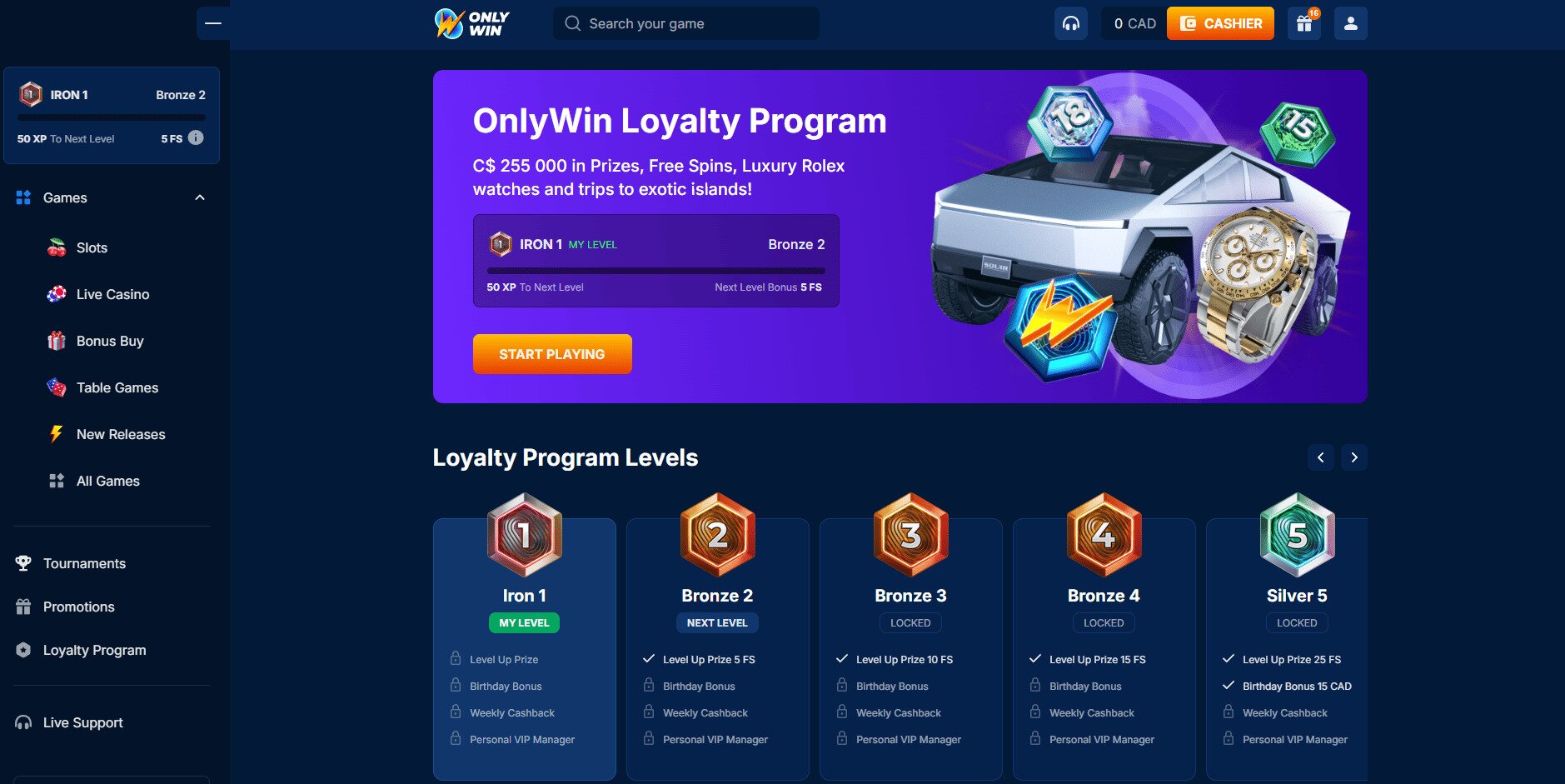 OnlyWin casino loyalty program