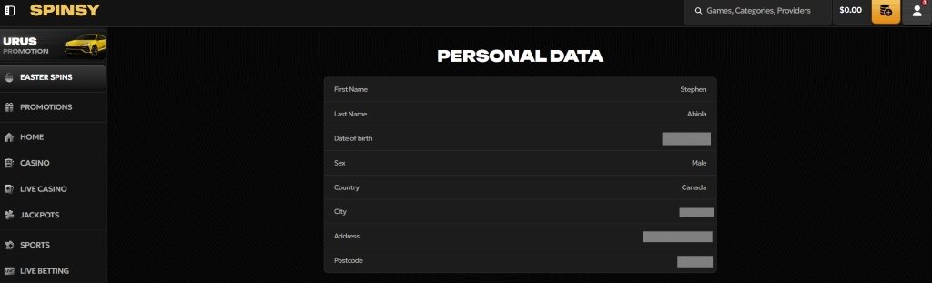 Spinsy Casino user profile