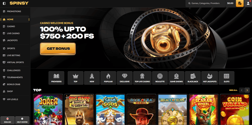 Spinsy Casino Homepage