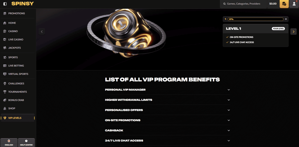 Spinsy Casino VIP Program