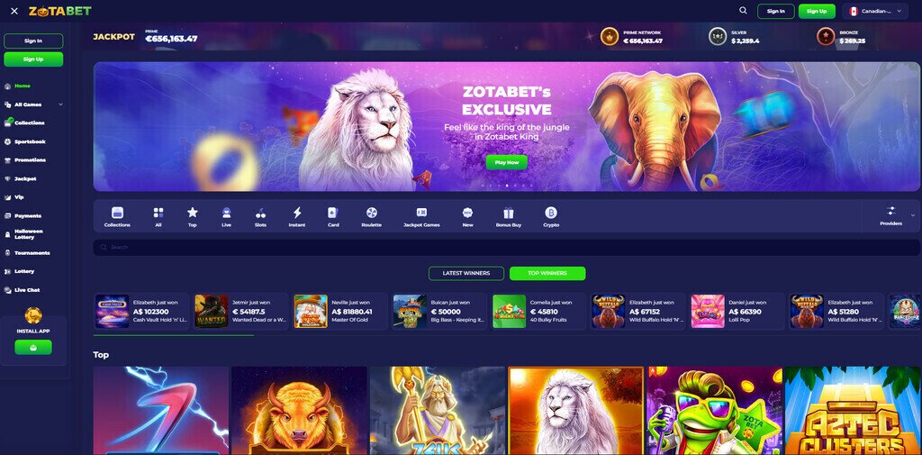 Zotabet casino lobby on PC