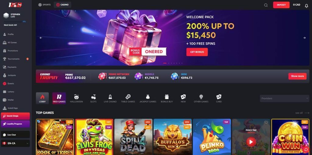 online slot games selection at 1red casino in canada