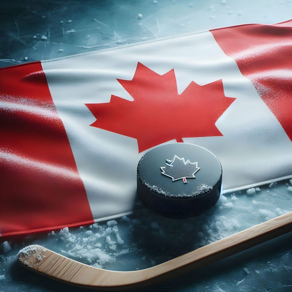 Hockey stick, puck and Canadian flag.
