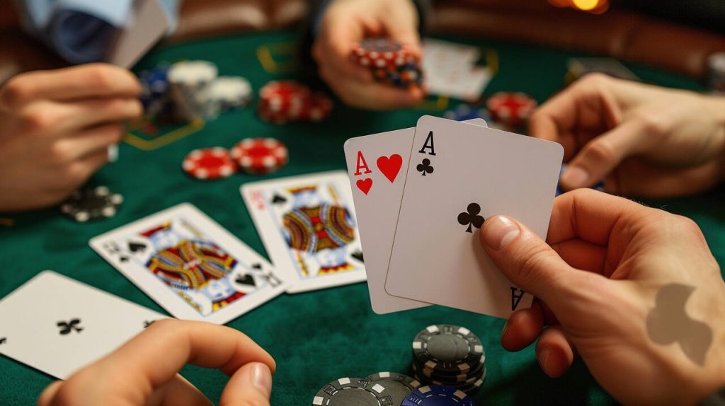 Two players holding cards and playing poker.