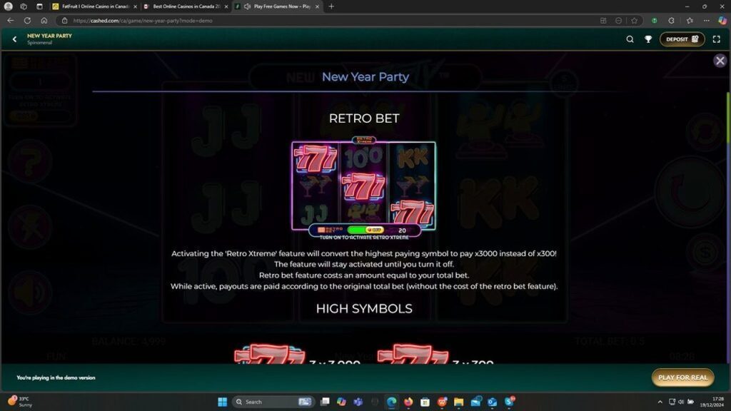 new year's party online slot game paytable