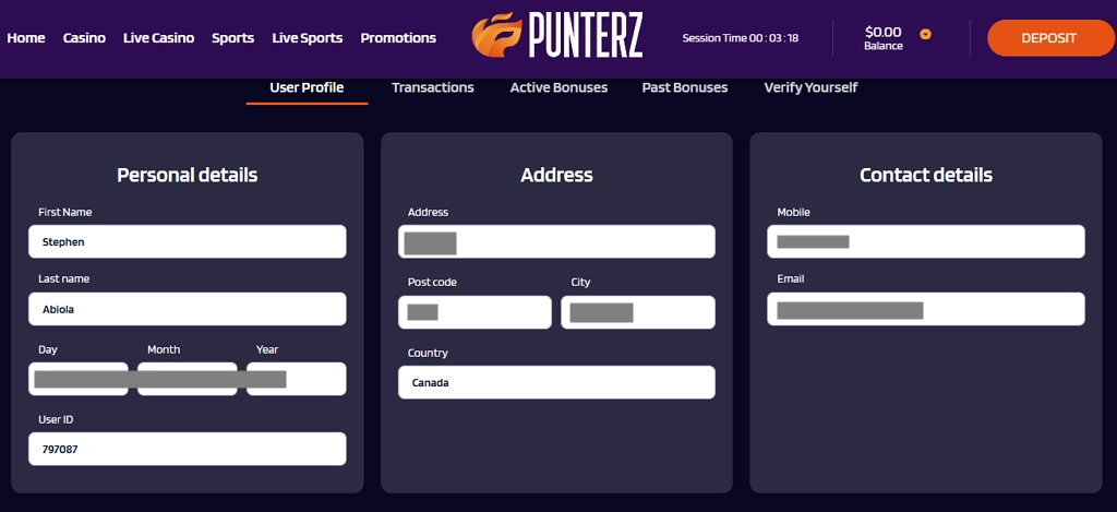 Registered Canadian account created for testing at Punterz Casino