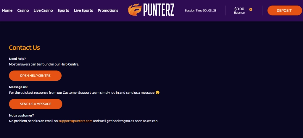 Punterz Casino contact page showing help center, messaging, and email support options