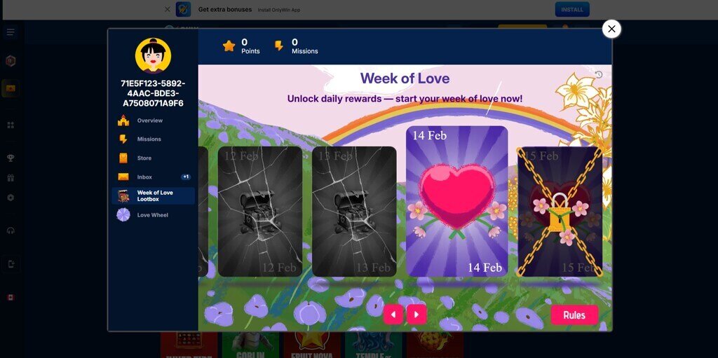 Open a chest daily throughout Valentine's week to get a mysterious gift at OnlyWin Casino.