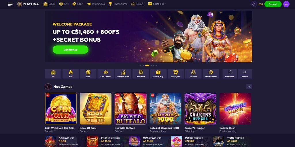 Playfina Casino Homepage
