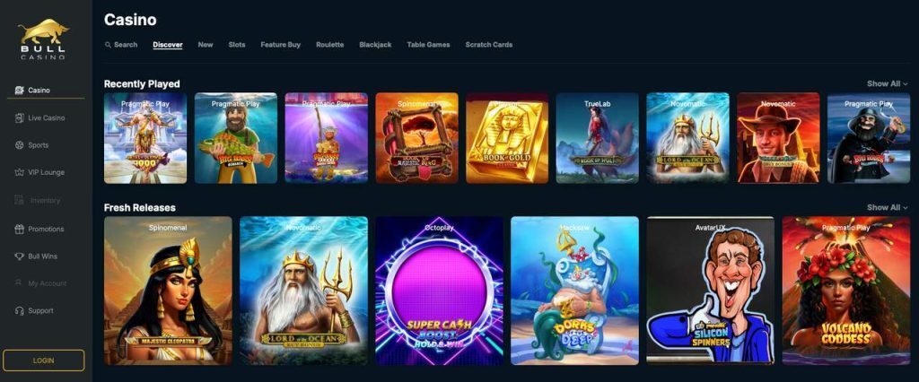 Bull Casino Homepage on PC