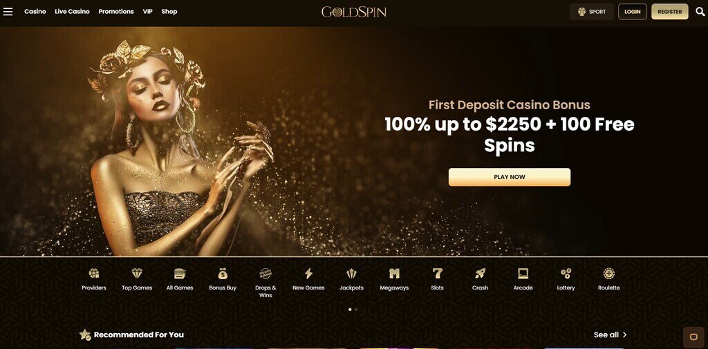 GoldSpin Casino Homepage on PC