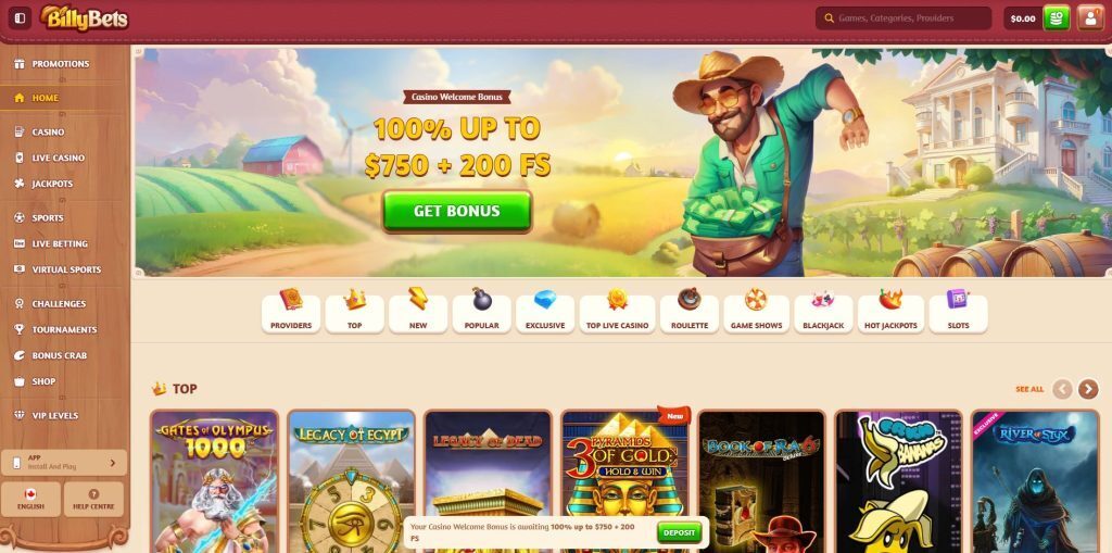 BillyBets Casino homepage
