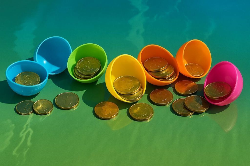 Five colourful plastic eggs that are open with coins inside