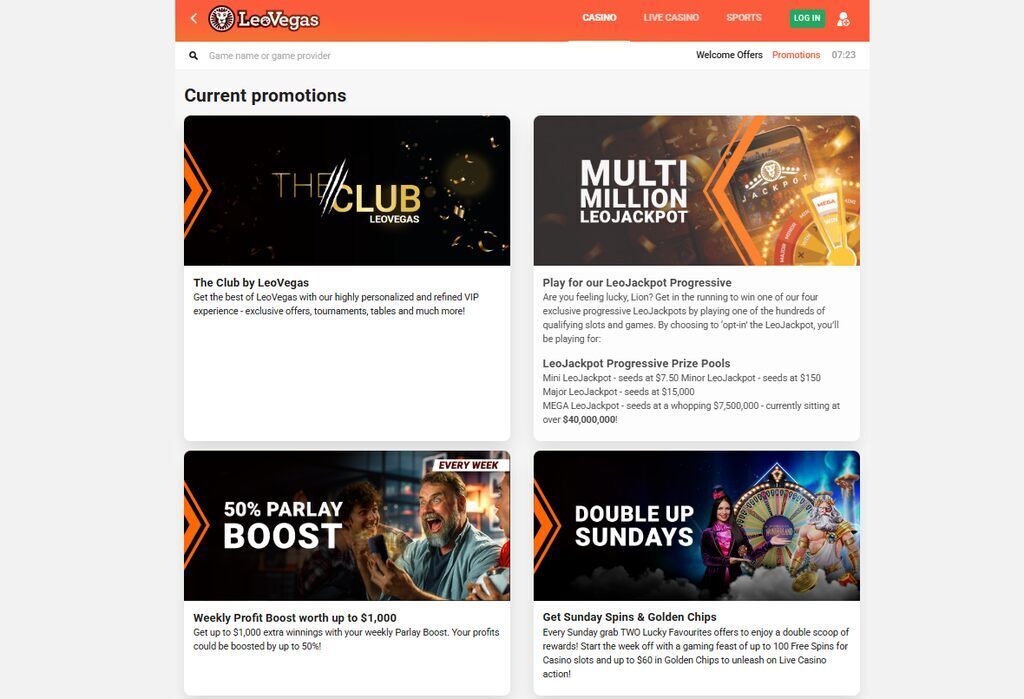 LeoVegas - casino bonus page