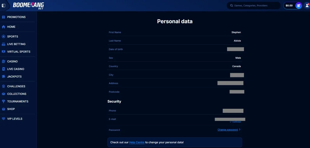 Screenshot showing details of a real account registered at boomerang bet casino for this review